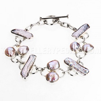White Biwa Pearl & Pearl Silver Bracelet