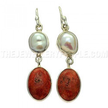 White Pearl & Jasper Gemstone Silver Earrings - 35mm long