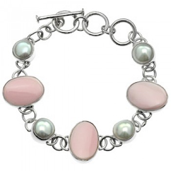 White Pearl & Pink Abalone Silver Bracelet