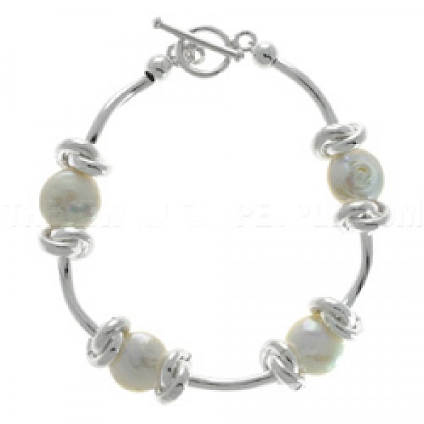 White Pearlised Shell & Silver Tube Bracelet - RA010