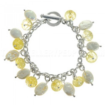 White Pearlised Shell & Yellow Glass Bead Silver Bracelet - SL043