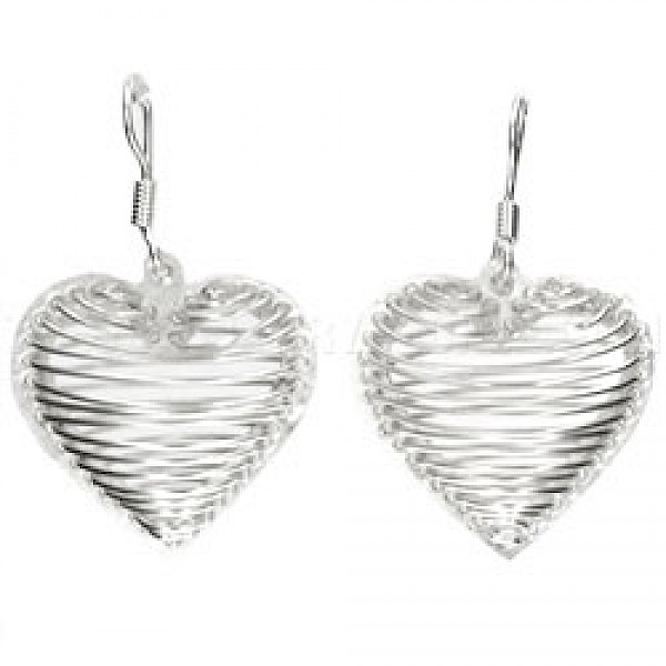 Wire Heart Silver Drop Earrings - 20mm Wide