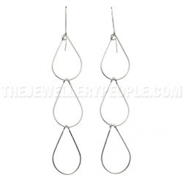 Wire Teardrop Chain Silver Earrings - 80mm Long