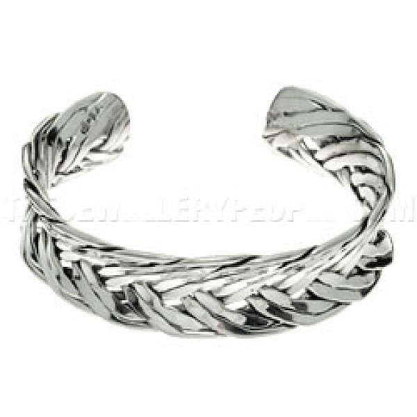 Woven Concave Open Silver Bangle - 17mm Wide