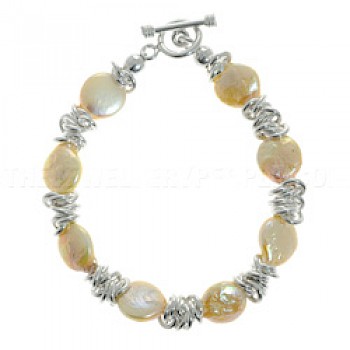 Wrapped Peach Pearlised Shell & Silver Bracelet