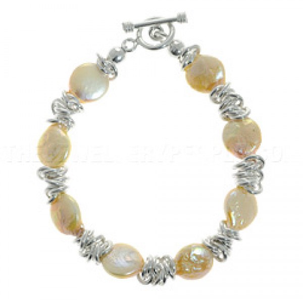 Wrapped Peach Pearlised Shell & Silver Bracelet - RA009