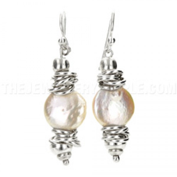 Wrapped White Pearlised Shell & Silver Earrings