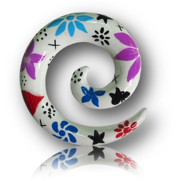 HAND PAINTED WOOD EAR SPIRAL - FLOWERS ON WHITE