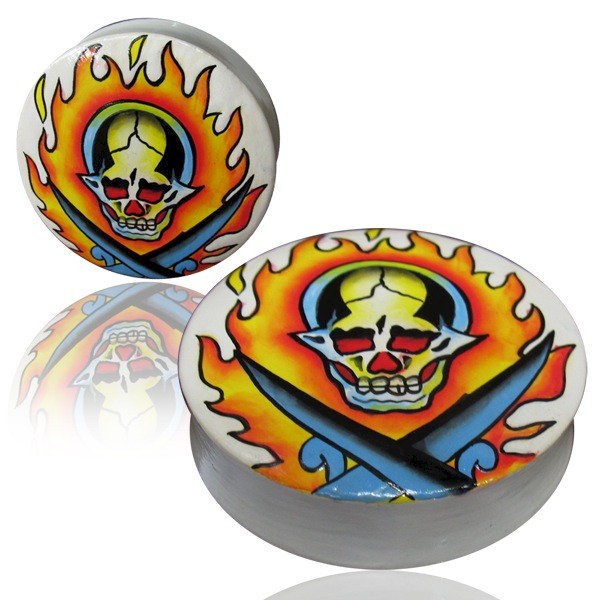HAND PAINTED (LARGE GAUGE) WOOD FLESH PLUG - FLAMING SKULL