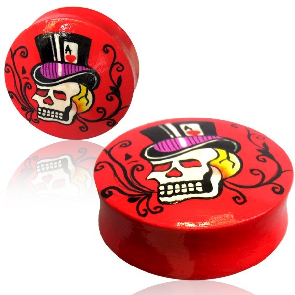 HAND PAINTED (LARGE GAUGE) WOOD FLESH PLUG - RED SKULL