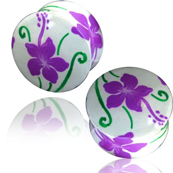 HAND PAINTED WOOD FLESH PLUG - PURPLE FLOWERS
