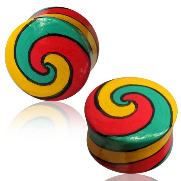 HAND PAINTED WOOD FLESH PLUG - RASTA
