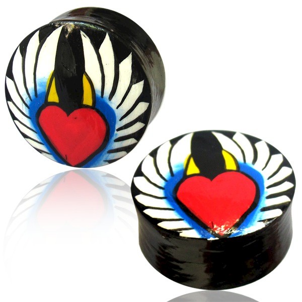 HAND PAINTED WOOD FLESH PLUG - WINGED HEART