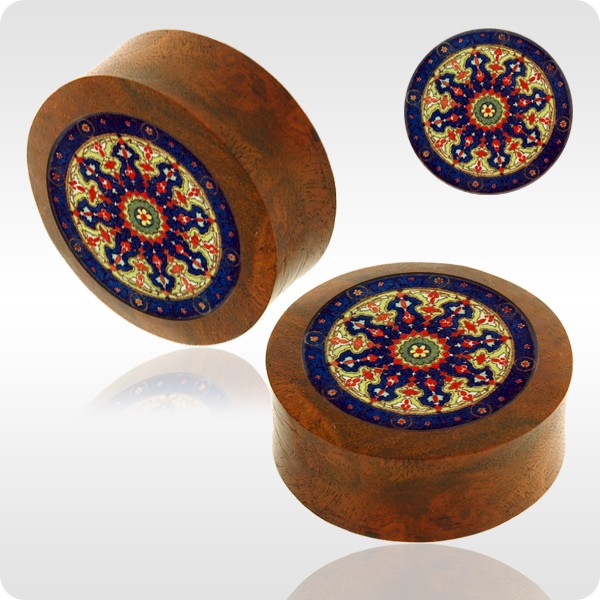 BLOOD WOOD FLESH PLUG WITH ALUMINIUM ICON INLAY
