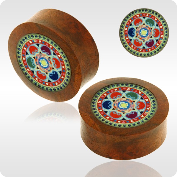BLOOD WOOD FLESH PLUG WITH ALUMINIUM ICON INLAY - BYZANTINE BRIGHT