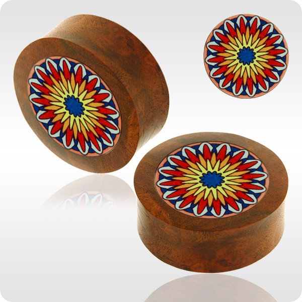 BLOOD WOOD FLESH PLUG WITH ALUMINIUM ICON INLAY - BYZANTINE FLOWER