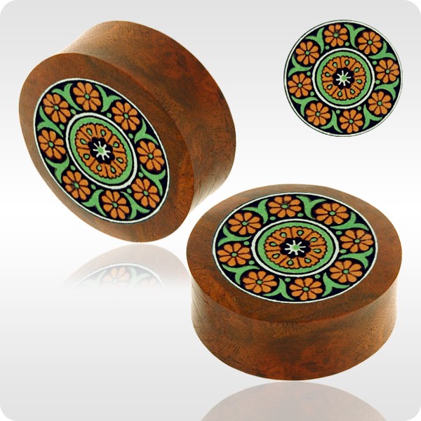 BLOOD WOOD FLESH PLUG WITH ALUMINIUM ICON INLAY - BYZANTINE GREEN