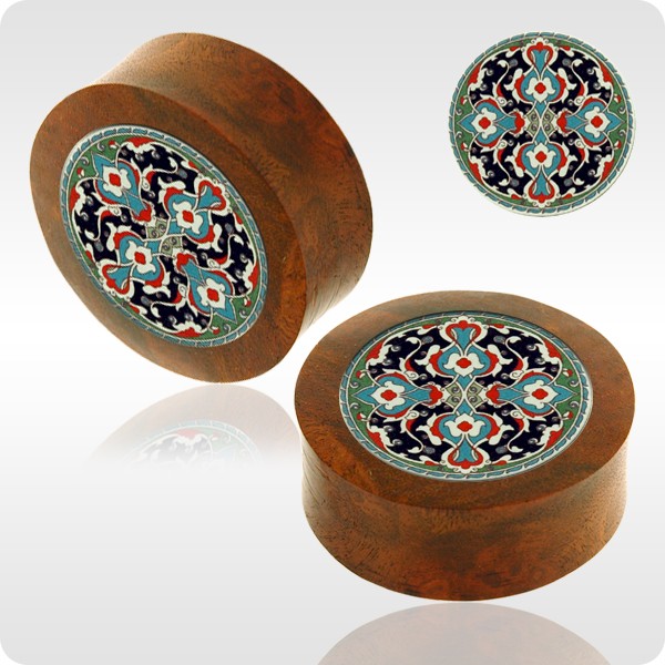 BLOOD WOOD FLESH PLUG WITH ALUMINIUM ICON INLAY - BYZANTINE MOSAIC