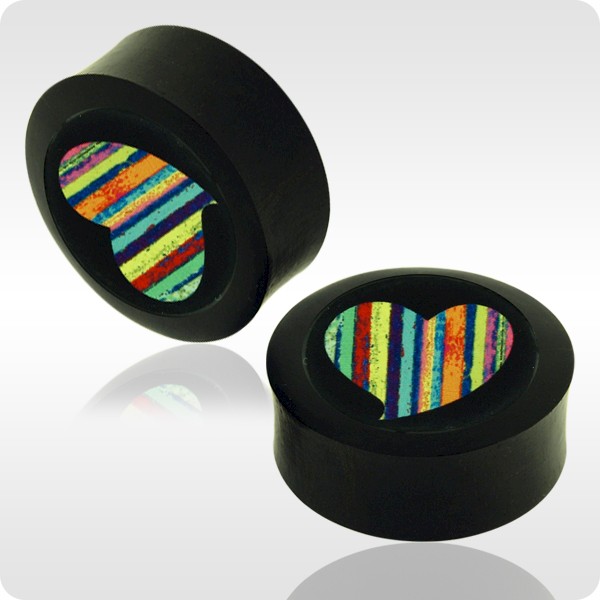 IRON WOOD FLESH PLUG WITH ALUMINIUM ICON INLAY - RETRO HEART