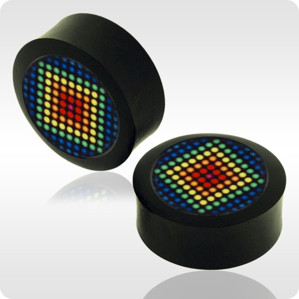 IRON WOOD FLESH PLUG WITH ALUMINIUM ICON INLAY - RETRO LIGHTS