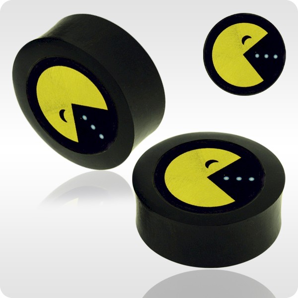 IRON WOOD FLESH PLUG WITH ALUMINIUM ICON INLAY - RETRO PAC MAN