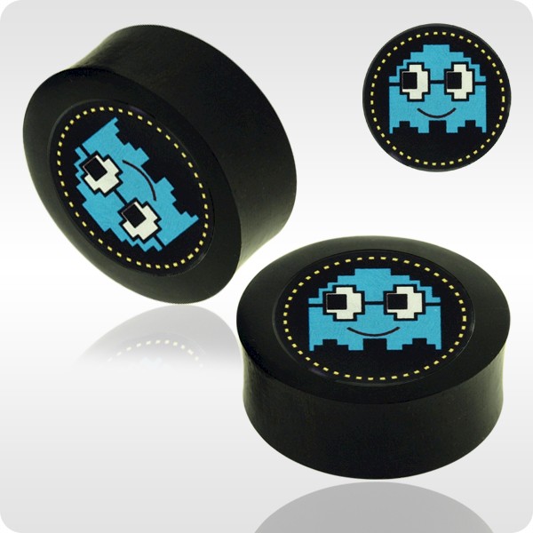 IRON WOOD FLESH PLUG WITH ALUMINIUM ICON INLAY - RETRO PAC MAN GHOST