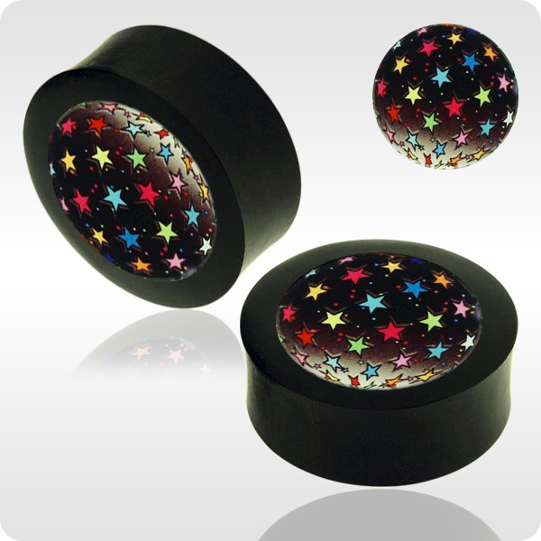 IRON WOOD FLESH PLUG WITH ALUMINIUM ICON INLAY - RETRO STARS