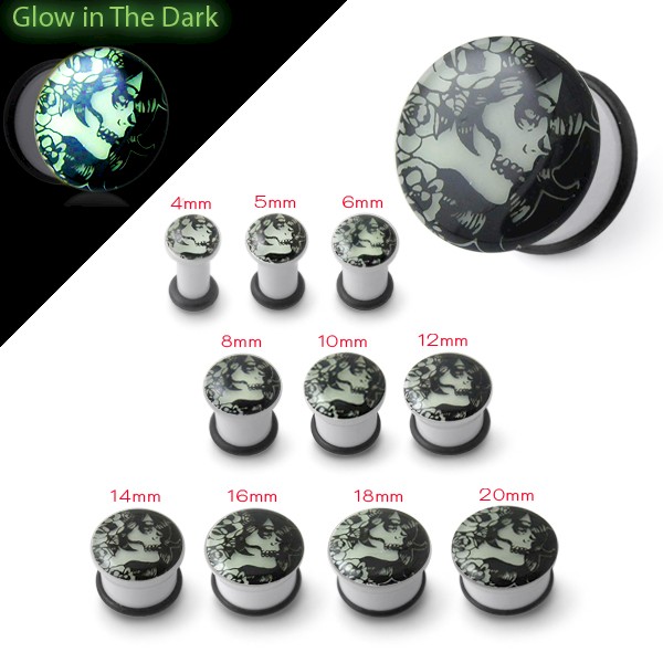 GLOW IN THE DARK FLESH PLUG - SUGAR SKULL LADY