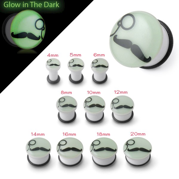 GLOW IN THE DARK FLESH PLUG - MOUSTACHE