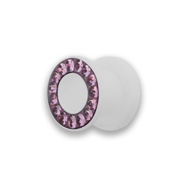 WHITE ACRYLIC FLESH TUNNEL WITH PINK CRYSTALS