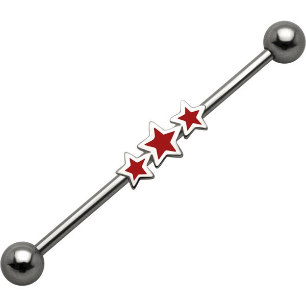 INDUSTRIAL PIERCING BAR WITH RED TRIPLE STARS