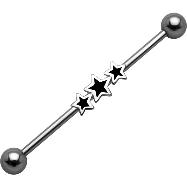 Industrial Piercing Bar with Black Triple Stars