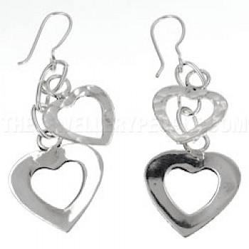 2 Heart Cascade Silver Earrings - 65mm Long