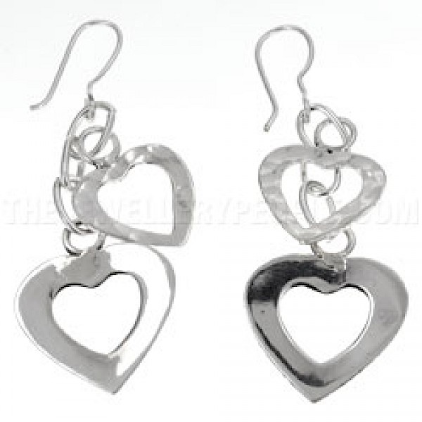 2 Heart Cascade Silver Earrings - 65mm Long - ES417