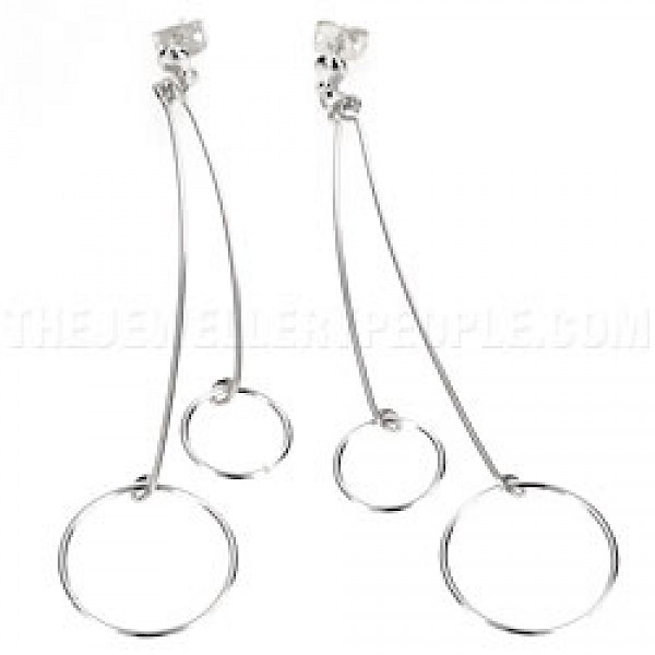 2 Strand Silver Ring Earrings - 80mm Long