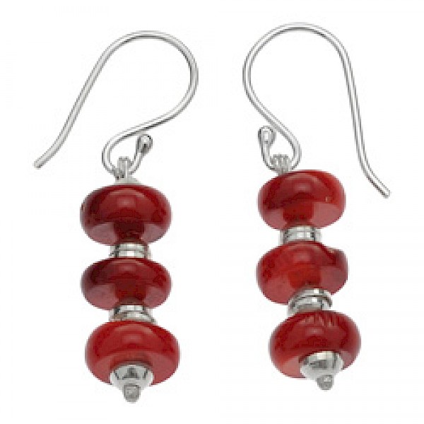 3 Piece Dyed Red Coral & Silver Drop Earrings - SL085