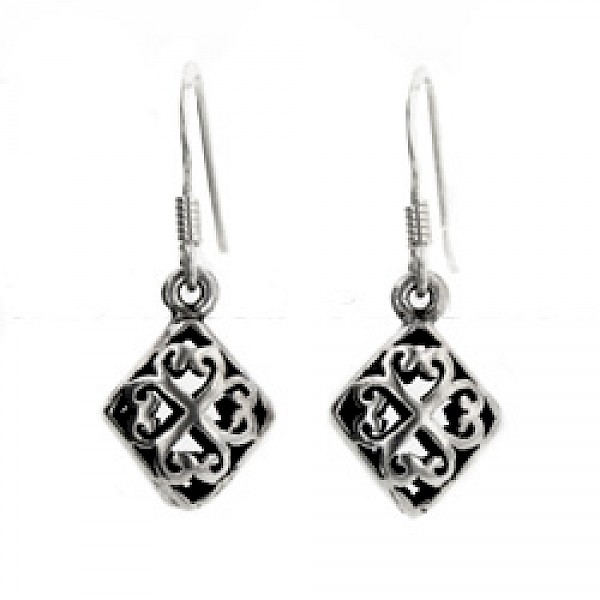 3D Filigree Diamond Silver Earrings