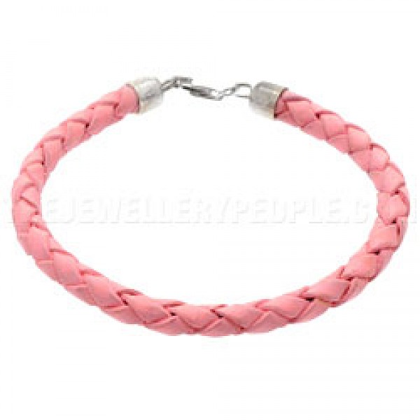 Pink Plaited Leather Bracelet - 5mm - UNE113