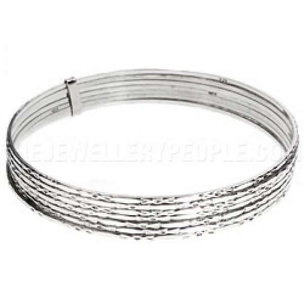 7 Piece Diamond Detail Stacked Silver Bangle - 70mm Internal diameter