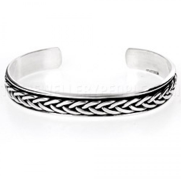 Plait Inset Oxidised Open Silver Bangle - 8mm Wide