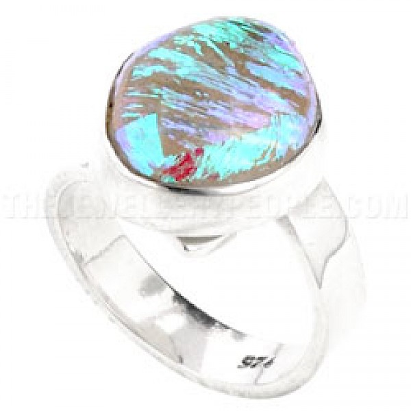 Green Sparkle Dichroic Glow-Glass & Silver Round Ring - GG082