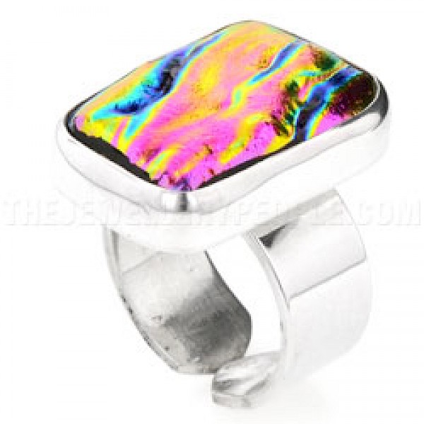Pink Rippled Dichroic Glass & Silver Lozenge Ring - DC084