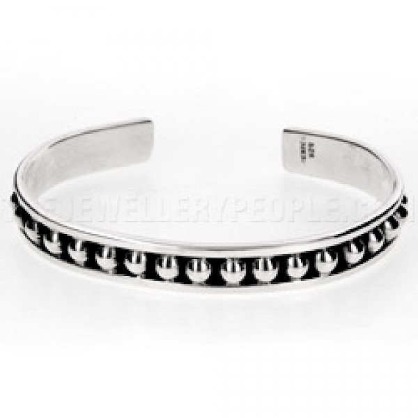 Raised Ball Oxidised Open Silver Bangle - 10mm Wide