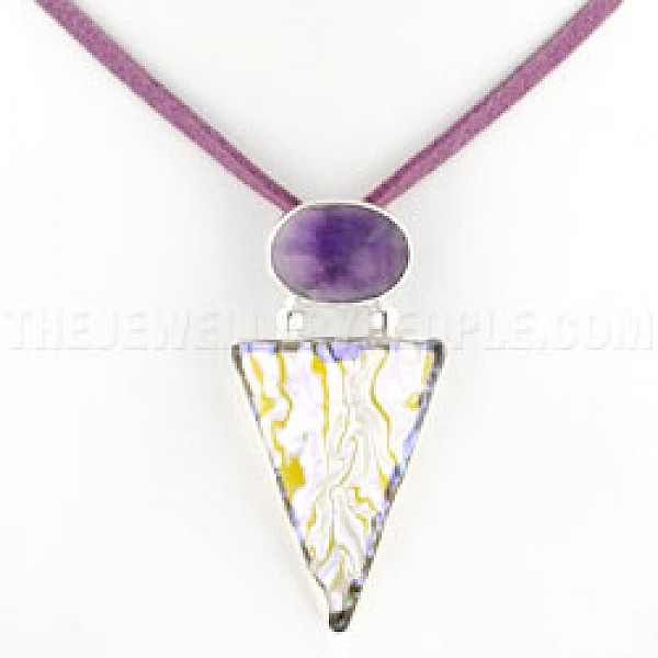 Amethyst & Dichroic Glass Triangular Silver Pendant - DC017
