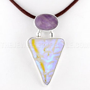 Amethyst & Dichroic Glow-Glass Silver Triangular Pendant - GG015
