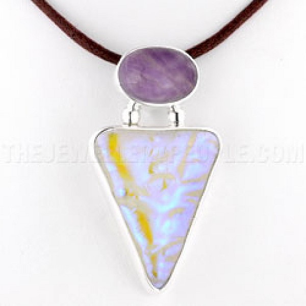 Amethyst & Dichroic Glow-Glass Silver Triangular Pendant - GG015