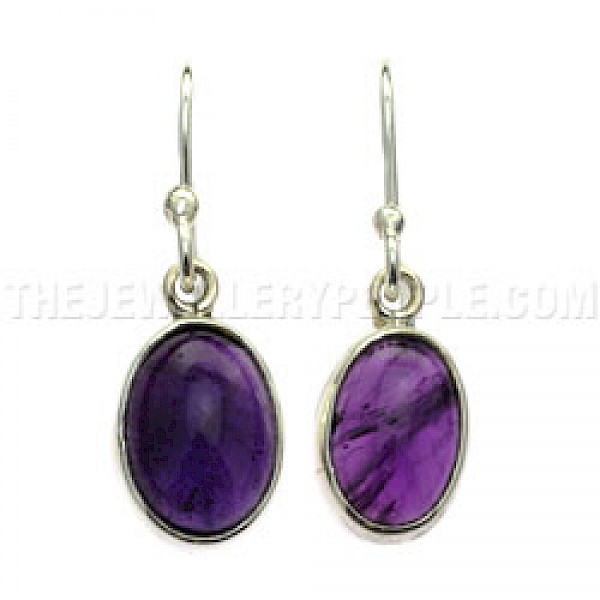 Oval Amethyst & Silver Drop Earrings-30mm Long - CD010