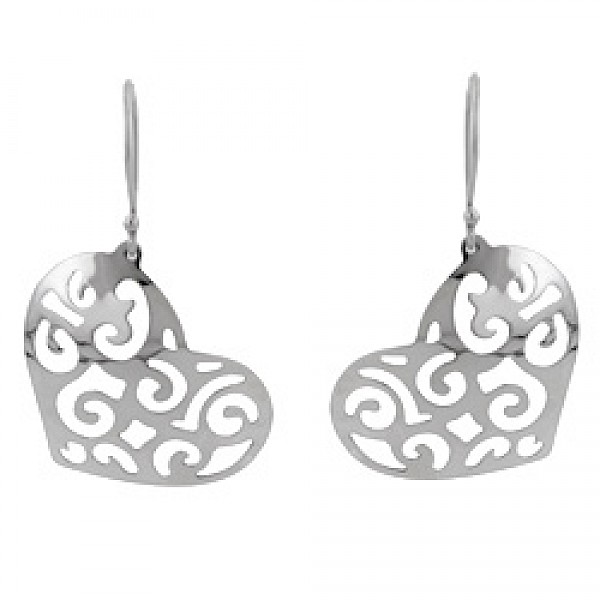 Angled Heart Silver Drop Earrings - 40mm Long - ES801