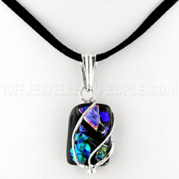 Black Dichroic Glass Silver Cage Pendant & Black Suede - DC139