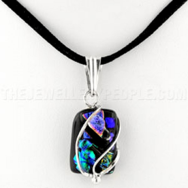 Black Dichroic Glass Silver Cage Pendant & Black Suede - DC139